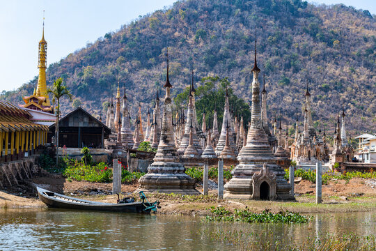 Many spikes like pagodas, Tharkong Pagoda, southern Inle Lake, Shan state