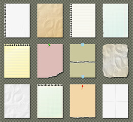 White and colorful paper sheets, notebook paper, paper sheets with torn edges on transparent background.