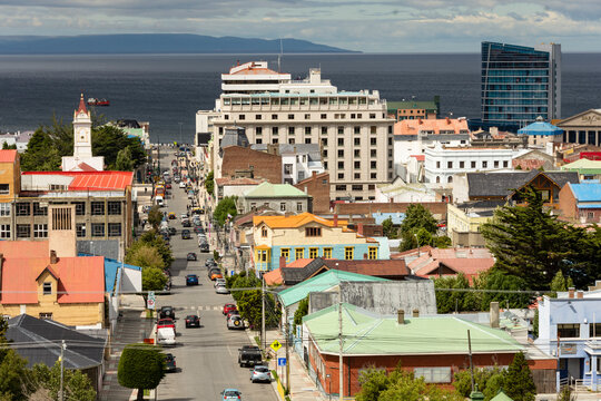 View down Avenida Independencia to Magellan Strait, Punta Arenas, Chile