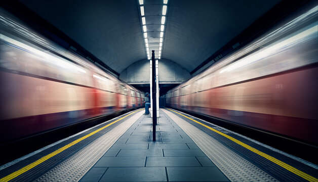 Two trains in motion and a seated commuter at London Tube Station, Clapham Common, Clapham, London