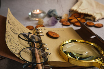 on the table are runes, a book ,a magnifying glass