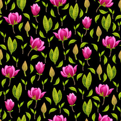Fototapeta na wymiar Pink Magnolia watercolor flower seamless pattern