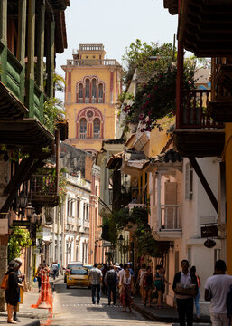 Tower of University in Cloisters of San Agustin, seen along Calle de Estrella, Cartagena, Colombia