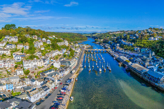 Aerial view over Looe, Cornish fishing town, Cornwall