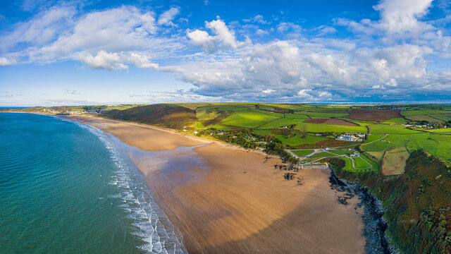 Aerial view over Putsborough beach towards Woolacombe, Morte Bay, North Devon