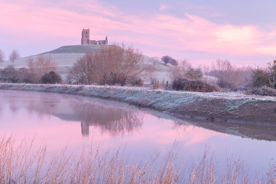Burrow Mump Church at dawn on a frosty winter morning, Burrowbridge, Somerset