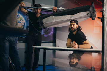 Illuminators with lighting equipment, lighting devices on the set.