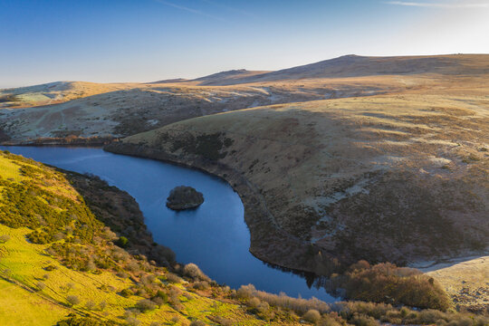 Aerial vista by drone in winter over Meldon Reservoir on Dartmoor, Devon