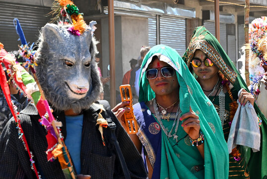 Adivasi tribal men dressed as women and animals to celebrate Holi festival, Kavant, Gujarat, India