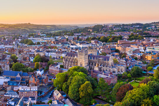 Aerial view over Exeter city centre and Exeter Cathedral, Exeter, Devon