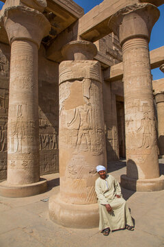 Caretaker, Columns with Reliefs, Temple of Sobek and Haroeris, Kom Ombo, Egypt
