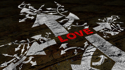 Love text on a crossroad in different ways of arrows on grunge background