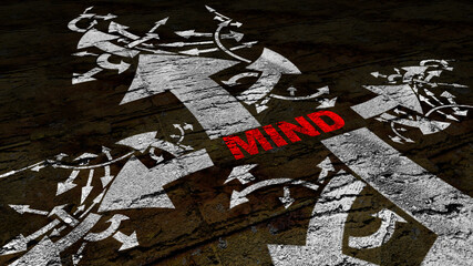 Mind text on a crossroad in different ways of arrows on grunge background