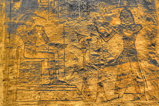 God Thoth on left, Ramses II on right, Sunken Relief, Hypostyle Hall, Ramses II Temple, Abu Simbel, Nubia, Egypt