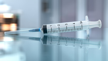 Realistic medical disposable syringe with needle on the glass in front of blurred background. 3d illustration