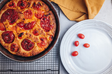 Delicious traditional focaccia bread from Bari, Puglia region