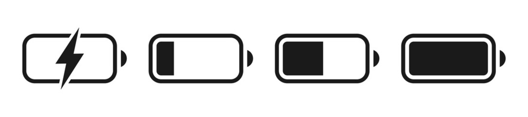 Battery GSM icon set. Isolated black smartphone battery level indicator icons on white background. Concept power, energy, low , full, emplty,  load. UI elements symbols. Vector design. - obrazy, fototapety, plakaty