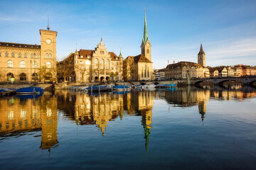 Zurich city's historical Old town facing Limmat river, Switzerland