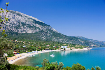 Samos island, panoramic view of Limnionas beach, in Aegean sea, Greece. - obrazy, fototapety, plakaty