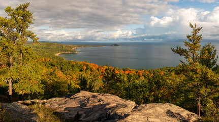 Beautiful Autumn panorama of Lake Superior from the Sugarloaf Mountain Overlook  near  Marquette Michigan - Upper Peninsula