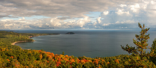 Awesome Autumn panorama of Lake Superior from the Sugarloaf Mountain Overlook  near  Marquette...