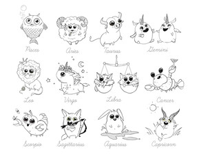 Set of 12 funny doodle zodiac icons on white background. Astrology horoscope with signs. Calendar template. Libra Scorpio Sagittarius Capricorn Aquarius Pisces. Aries Taurus Gemini Cancer Leo Virgo.
