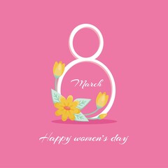Vector International Women's Day greeting card. 8 March sign with the decor of spring plants, leaves and flowers.