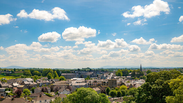Aerial view of city against cloudy sky during sunny day, Cashel, Tipperary, Ireland