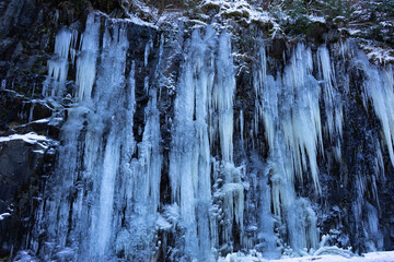 Rock cliff with ice stalactites in winter