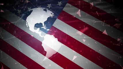 3D rotating earth globe USA flag on a digital network dark background - Powered by Adobe