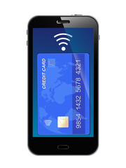 Mit Kredit Karte per NFC bezahlen mit Smartphone,
Vektor Illustration isoliert auf weißem Hintergrund

