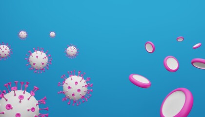3D render of the Coronavirus and red blood cells. Medical concept of outbreak of life-threatening Covid-19 virus.Illustration of a digital image for medicine.