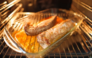 Homemade baked pork tenderloin in the oven.