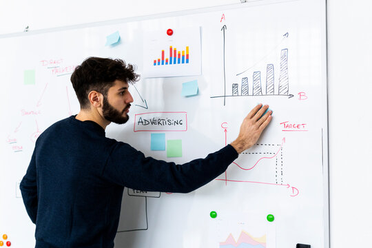 Young businessman at whiteboard with graphs in creative office conference room
