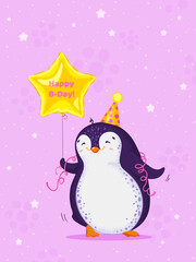 Birthday greeting card with cute dancing penguin. Funny bird with balloon. Vector cartoon illustration.