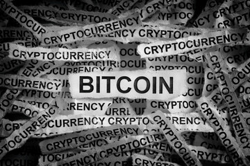 Bitcoin. Torn pieces of paper with the words Bitcoin and Cryptocurrency. Black and white. Close up.