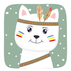 Cute Cartoon cat baby with american indian feathers.