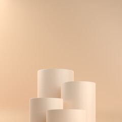 Beige pastel cylinder stand or pedestal for products. 3D rendering in minimal style.