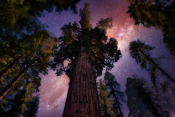 Looking up at Sequoia trees and night stars - obrazy, fototapety, plakaty