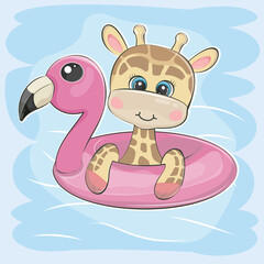 Cute cartoon Giraffe swimming on inflatable flamingo.