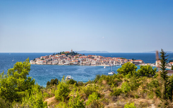 Beautiful view of townscape surrounded by Adriatic Sea at of Primosten, Sibenik-Knin, Croatia