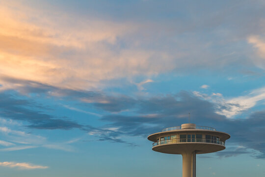 Germany, Hamburg, Hafencity Lighthouse Zero against scenic sky