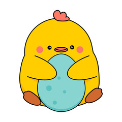 A cute chick is holding an Easter egg. Colorful sticker in cartoon style. Vector illustration isolated on white.