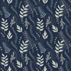 Simple pattern in line style. Vector illustration with different gray leaves . Indigo background. Great for textiles, bedding and wrapping paper.