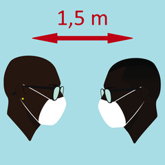 Quarantine. Two black guys in sunglasses and mask. Masked men. Men. Two silhouettes opposite each other. Safe distance 