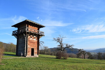 Wooden observation tower next to the Lorch Monastery on the Swabian Alp, Germany