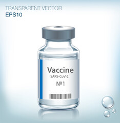 The medical concept with vaccine bottle(s).  Transparent vector ampoule on blue background
