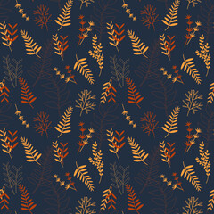 Different yellow and brown leaves. Beautiful pattern background. Vector illustration in line style. Indigo background. Great for textiles, bedding and wrapping paper.