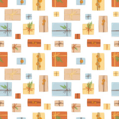 Merry Christmas and a happy new year! Seamless pattern for the winter holidays: yellow, orange, blue, beige gifts with fir branches. Isolated objects for a wrapping paper, textile or postcard