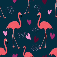 Seamless pattern with exotic pink flamingos on a dark blue background. Birds for printing on fabric, textiles, paper, bedding. Vector graphics.
